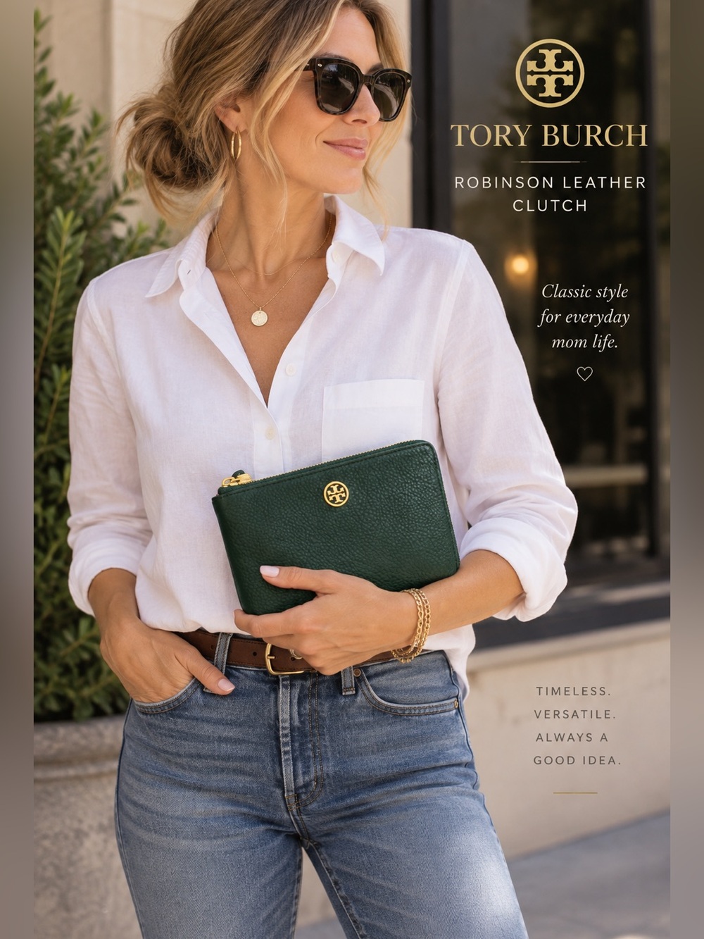 Tory Burch Robinson Jitney Green Pebbled Leather Wristlet Clutch Wallet